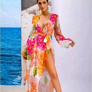 FLORAL BOHEMIAN MAXI HIGH SLIT DRESS